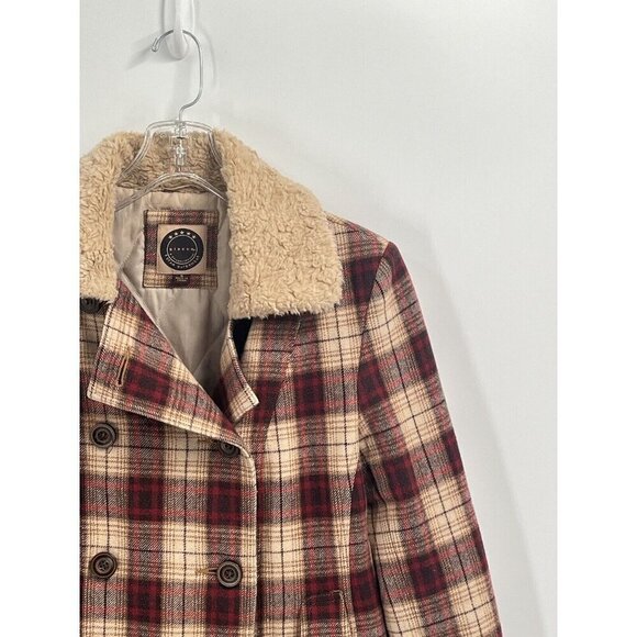 Giacco Wool Plaid Double Breasted Pea Coat Brown Faux Fur Sz Small - Picture 3 of 7